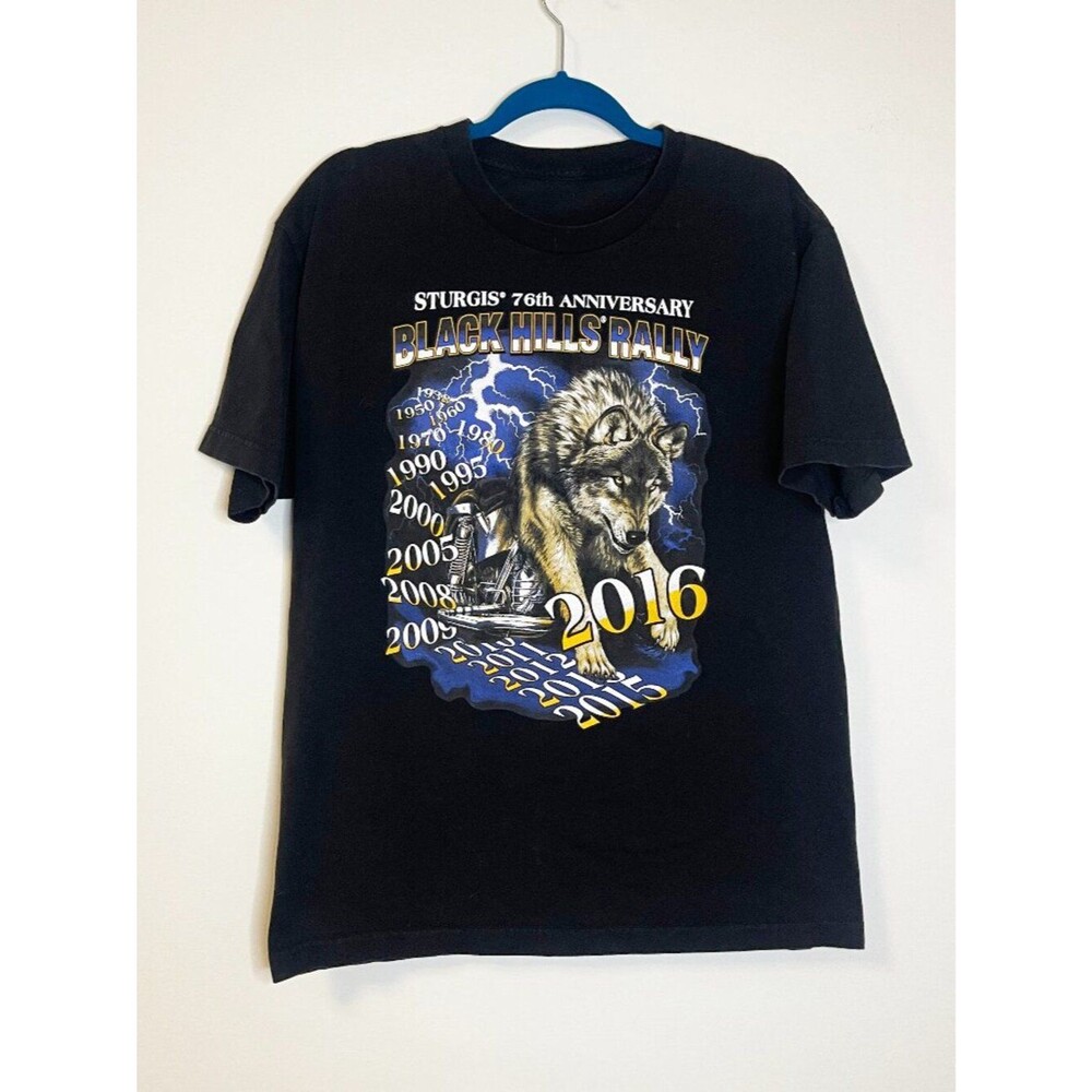 Sturgis 2016 Black Hills Rally T-Shirt Wolf Graphic Biker Tee Black Size L